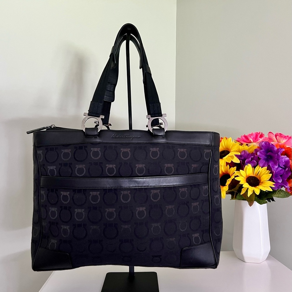 Euc Salvatore Ferragamo Black Canvas Tote Bag With Leather Trim